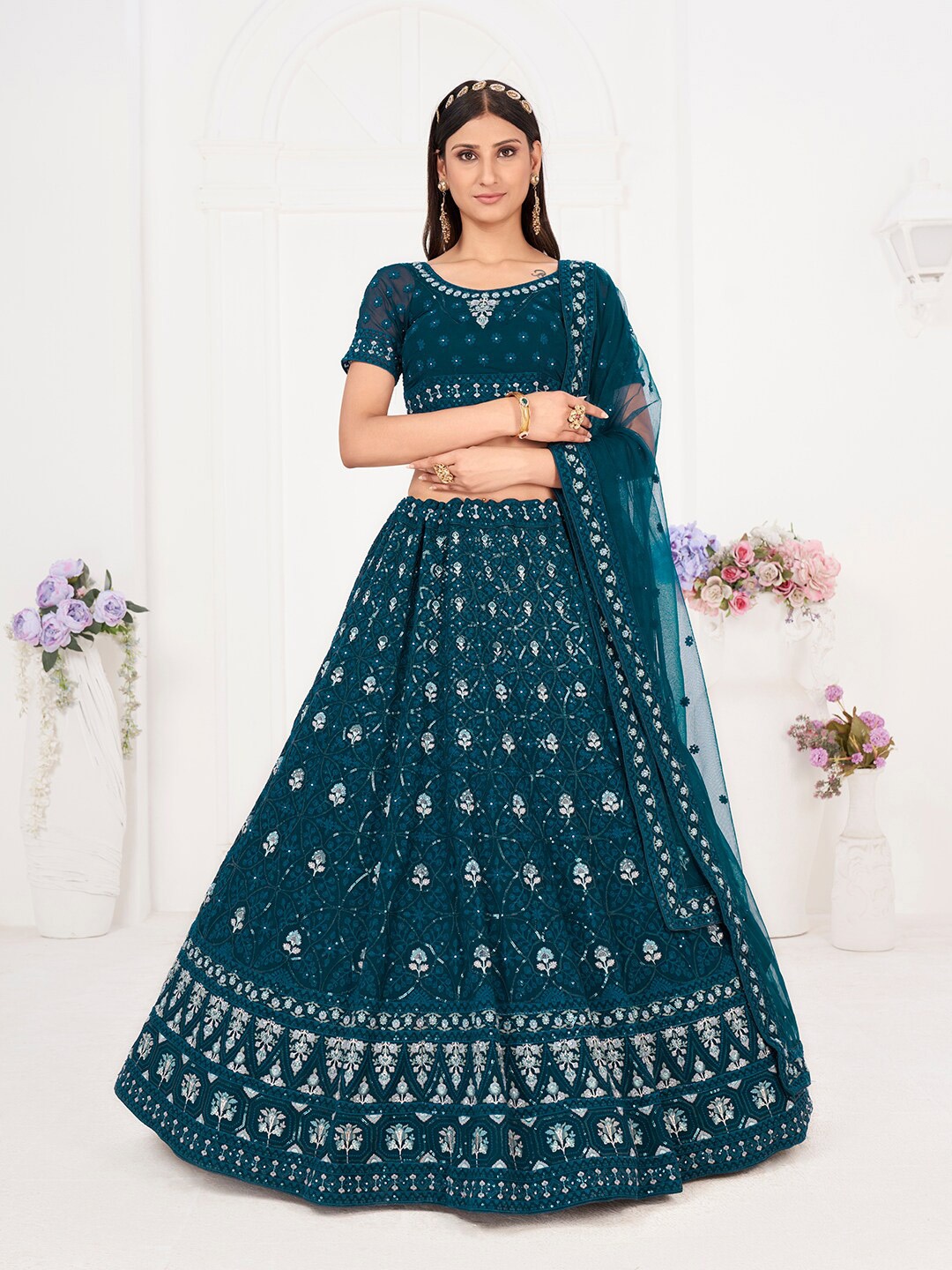 

SHOPGARB Embellished Semi-Stitched Lehenga & Unstitched Blouse With Dupatta, Navy blue