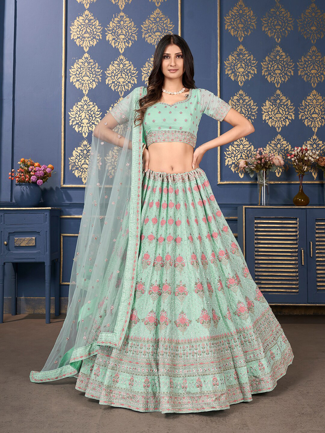 

SHOPGARB Embroidered Thread Work Semi-Stitched Lehenga & Unstitched Blouse With, Turquoise blue