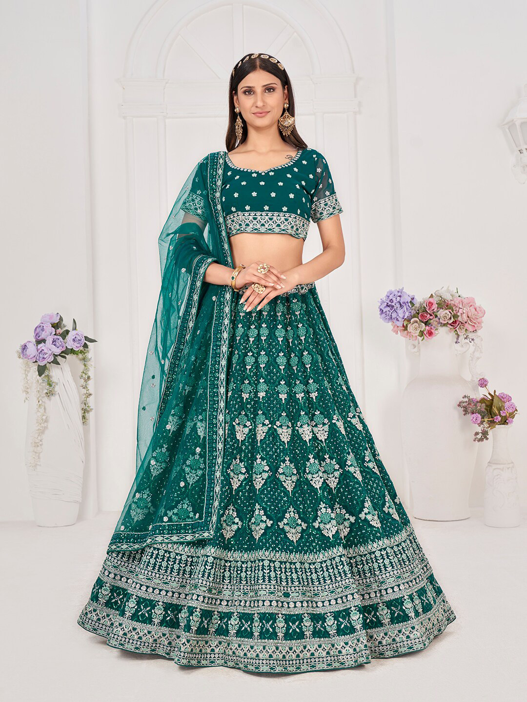 

SHOPGARB Embroidered Thread Work Semi-Stitched Lehenga & Unstitched Blouse With Dupatta, Green