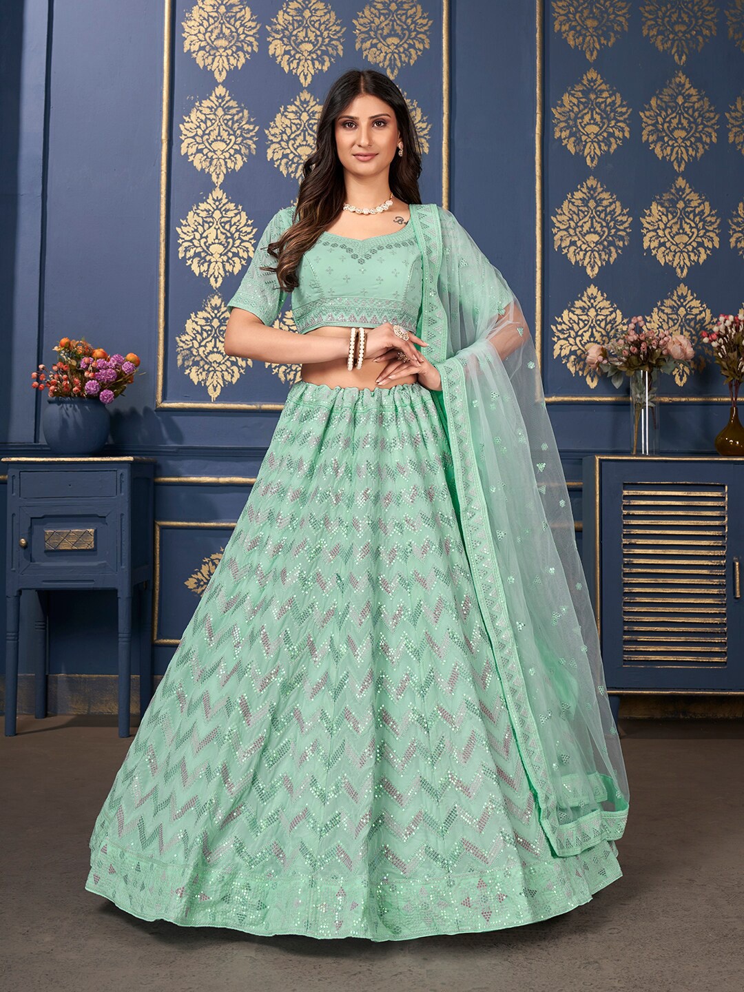SHOPGARB Embellished Sequinned Semi-Stitched Lehenga & Unstitched Blouse With Dupatta, Sea green