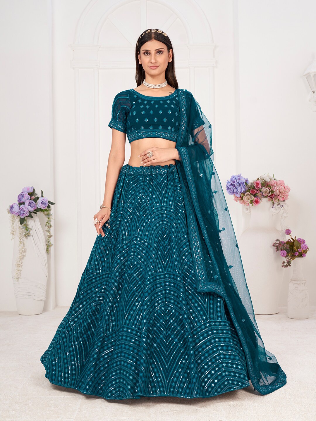 

SHOPGARB Embellished Sequinned Semi-Stitched Lehenga & Unstitched Blouse With Dupatta, Teal