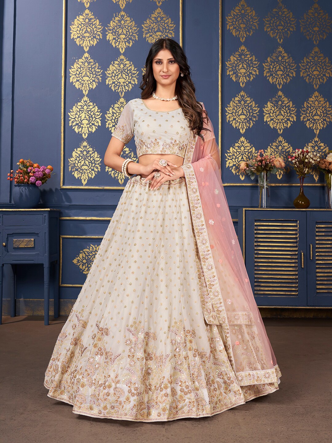 

SHOPGARB Embroidered Semi-Stitched Lehenga & Unstitched Blouse With Dupatta, White