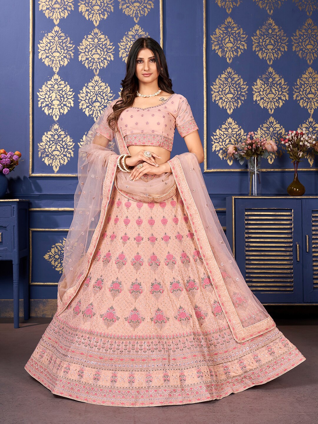 

SHOPGARB Embroidered Thread Work Semi-Stitched Lehenga & Unstitched Blouse With, Peach
