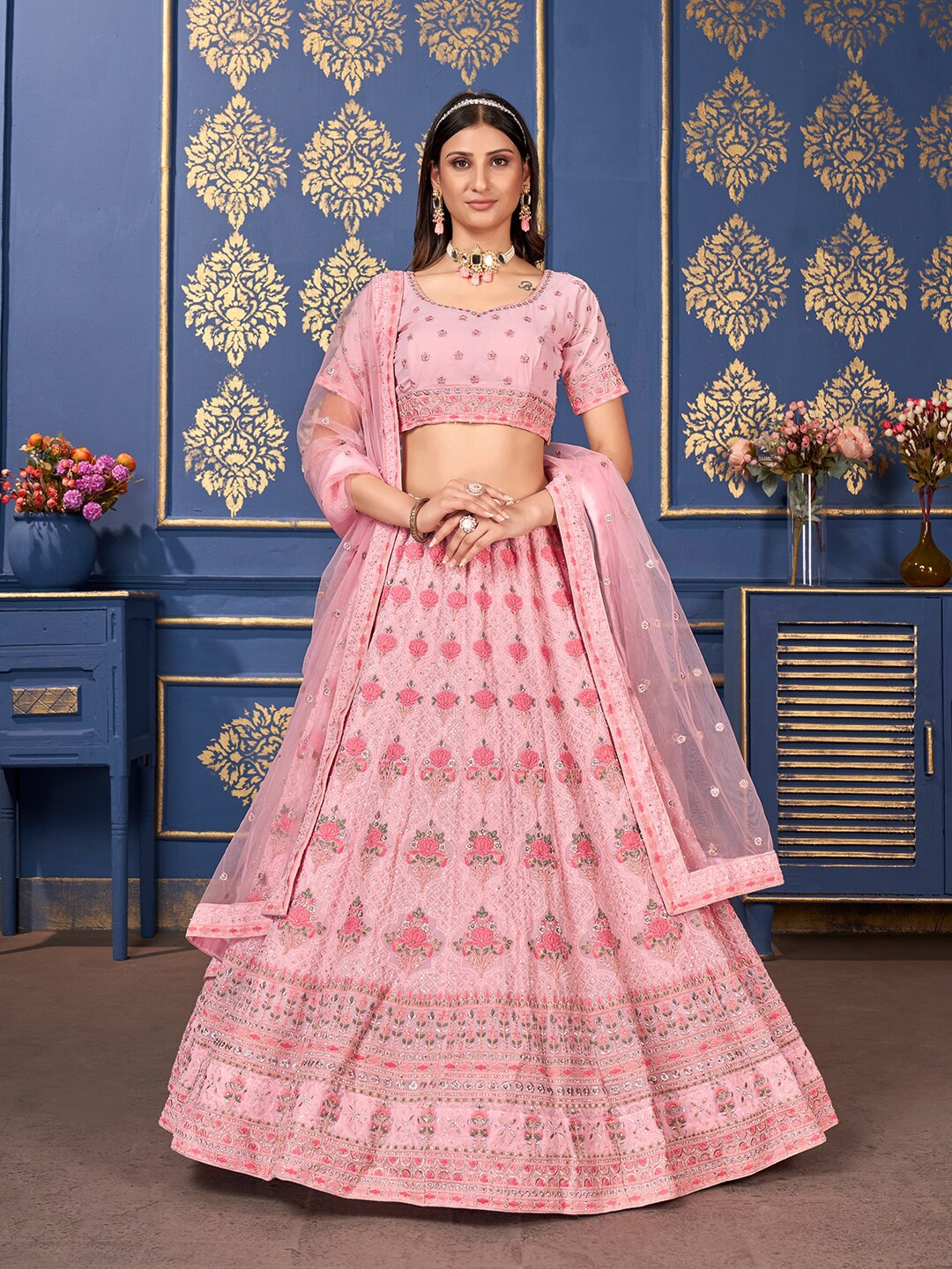 

SHOPGARB Embroidered Semi-Stitched Lehenga & Unstitched Blouse With Dupatta, Pink