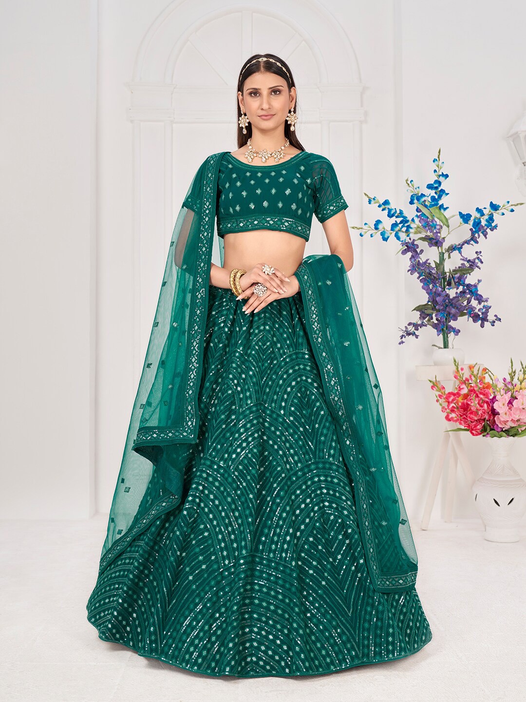 

SHOPGARB Embellished Sequinned Semi-Stitched Lehenga & Unstitched Blouse With Dupatta, Teal