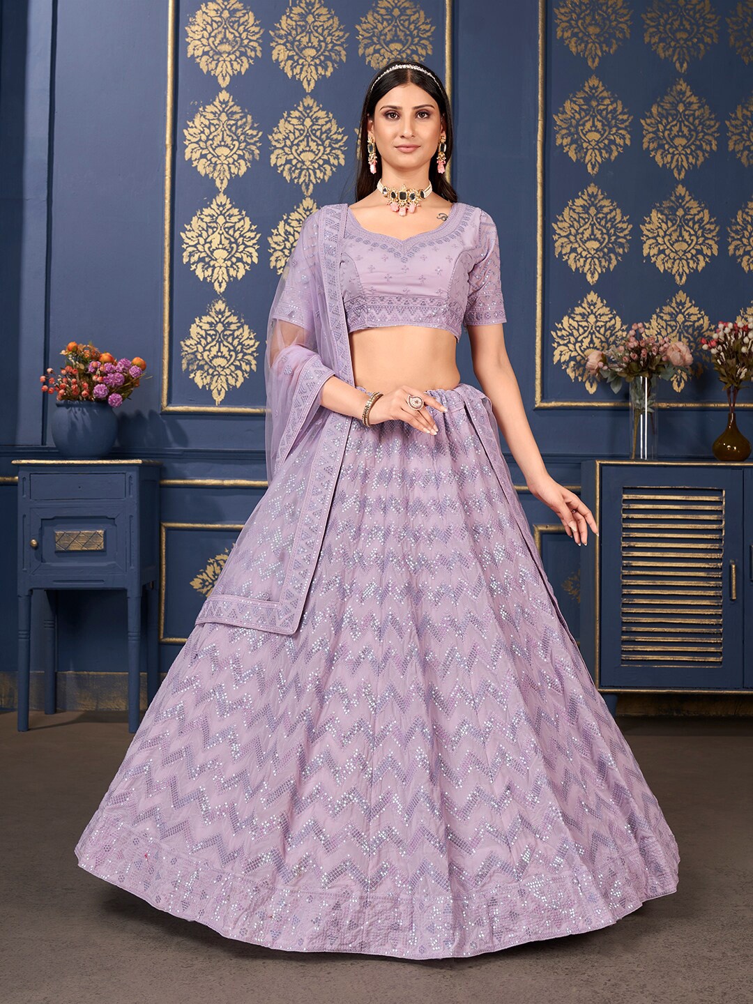 

SHOPGARB Embroidered Sequinned Semi-Stitched Lehenga & Unstitched Blouse With Dupatta, Purple