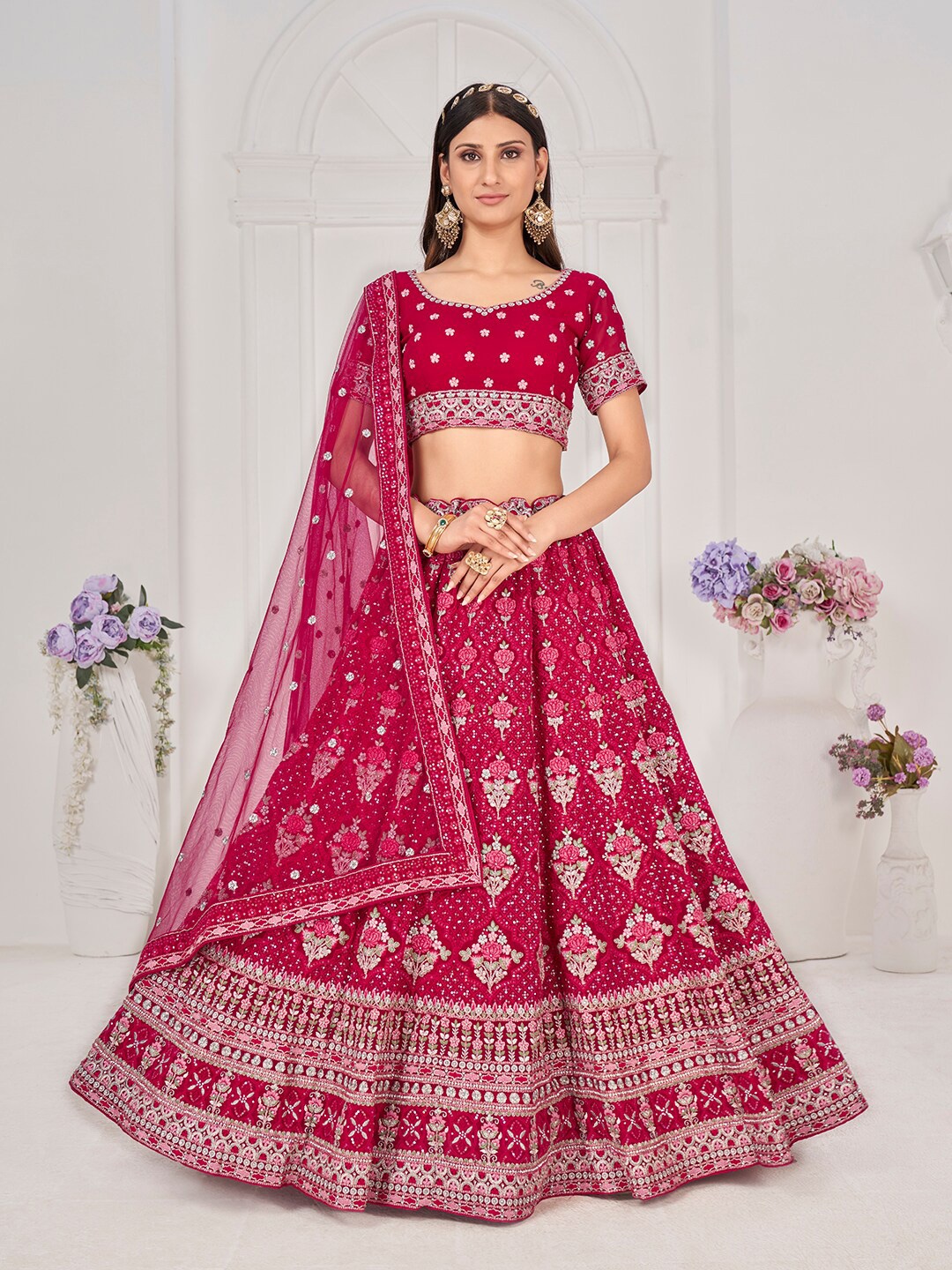 

SHOPGARB Embroidered Semi-Stitched Lehenga & Unstitched Blouse With Dupatta, Pink