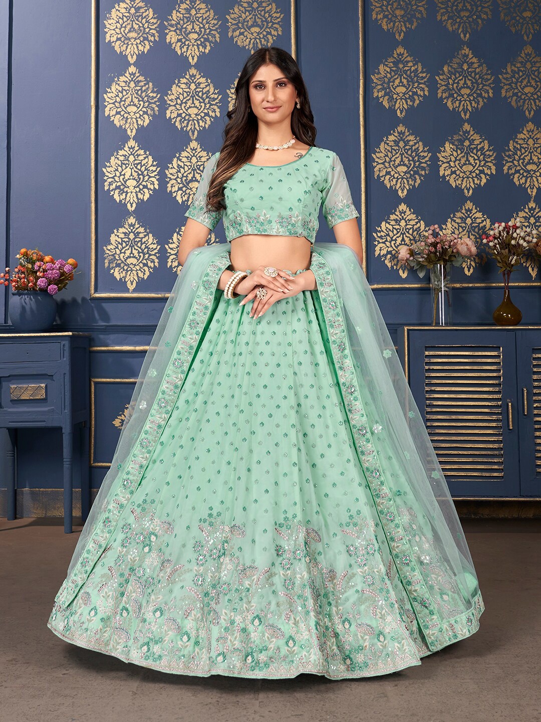 

SHOPGARB Embroidered Sequinned Semi-Stitched Lehenga & Unstitched Blouse With Dupatta, Green