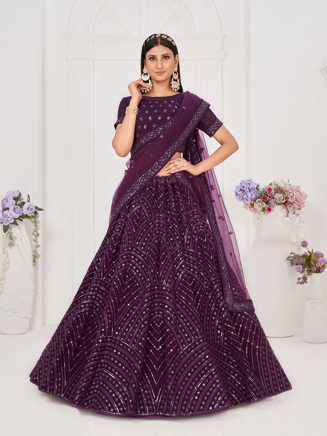 

SHOPGARB Embellished Sequinned Semi-Stitched Lehenga & Unstitched Blouse With Dupatta, Violet
