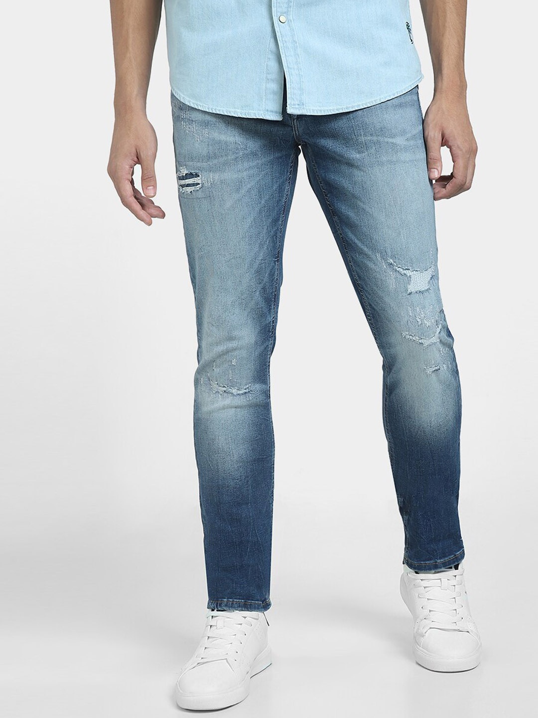 

Jack & Jones Men Skinny Fit Low Rise Slash Knee Heavy Fade Cotton Jeans, Blue