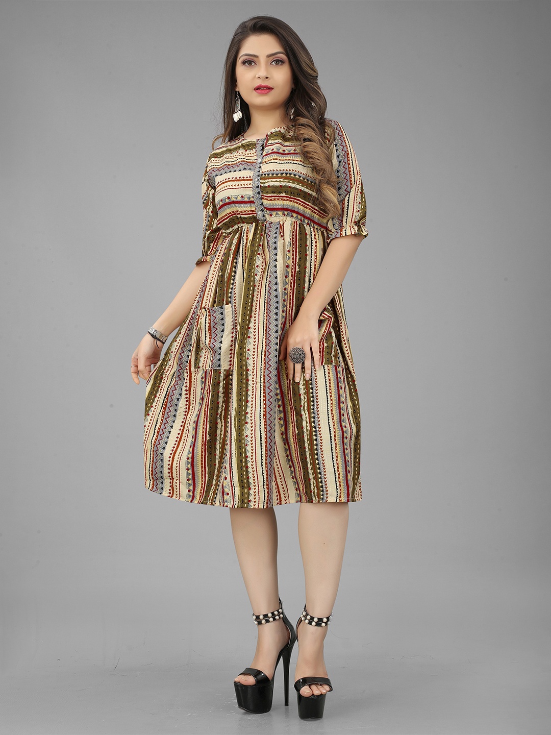 

Fashion FRICKS Printed Bell Sleeves A-Line Rayon Dress, Cream