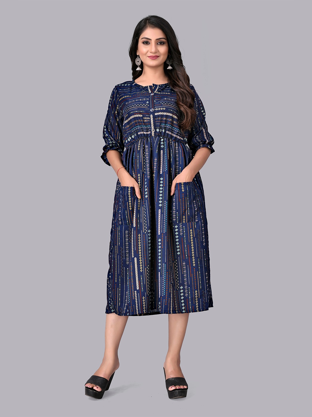 

Fashion FRICKS Printed Bell Sleeves A-Line Rayon Midi Dress, Navy blue