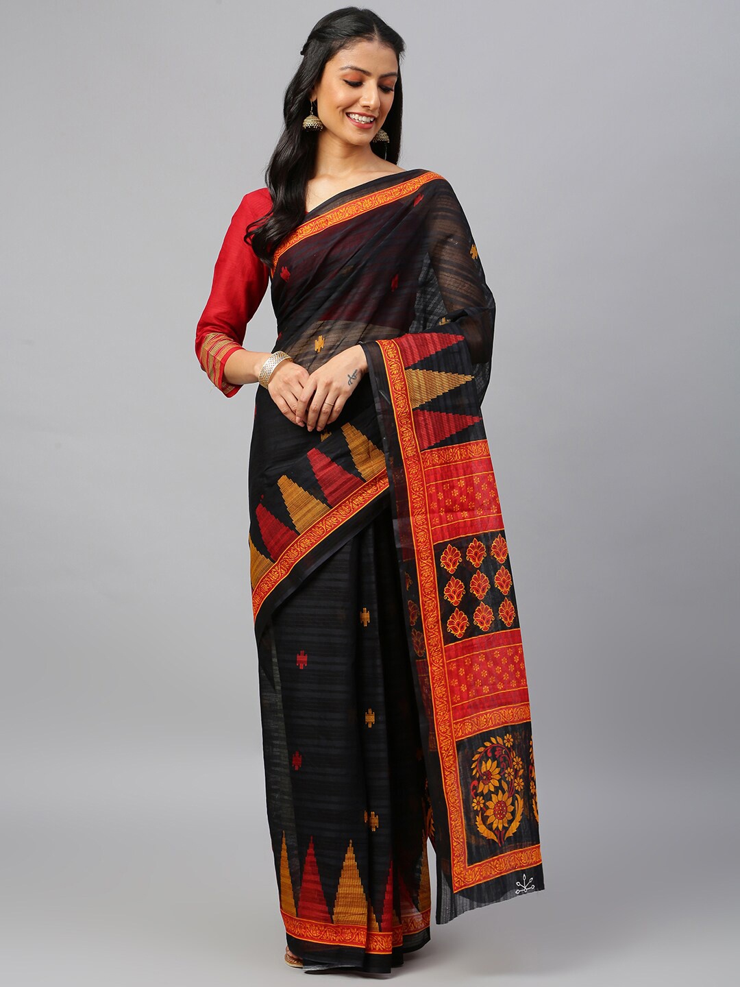 

RATAN Ethnic Motifs Printed Pure Cotton Saree, Black
