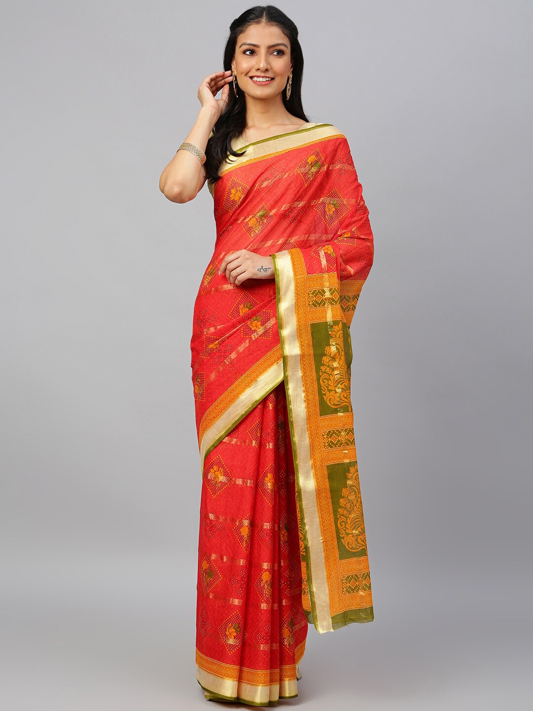

RATAN Floral Motif Printed Pure Cotton Patola Saree, Red