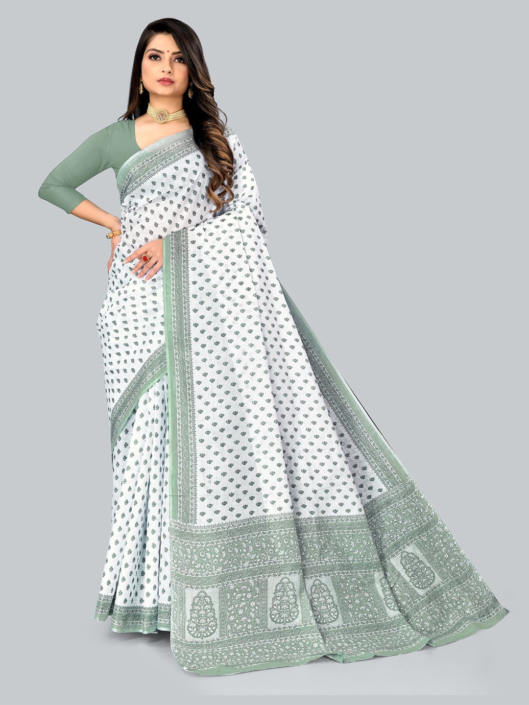 

RATAN Floral Printed Pure Cotton Saree, White
