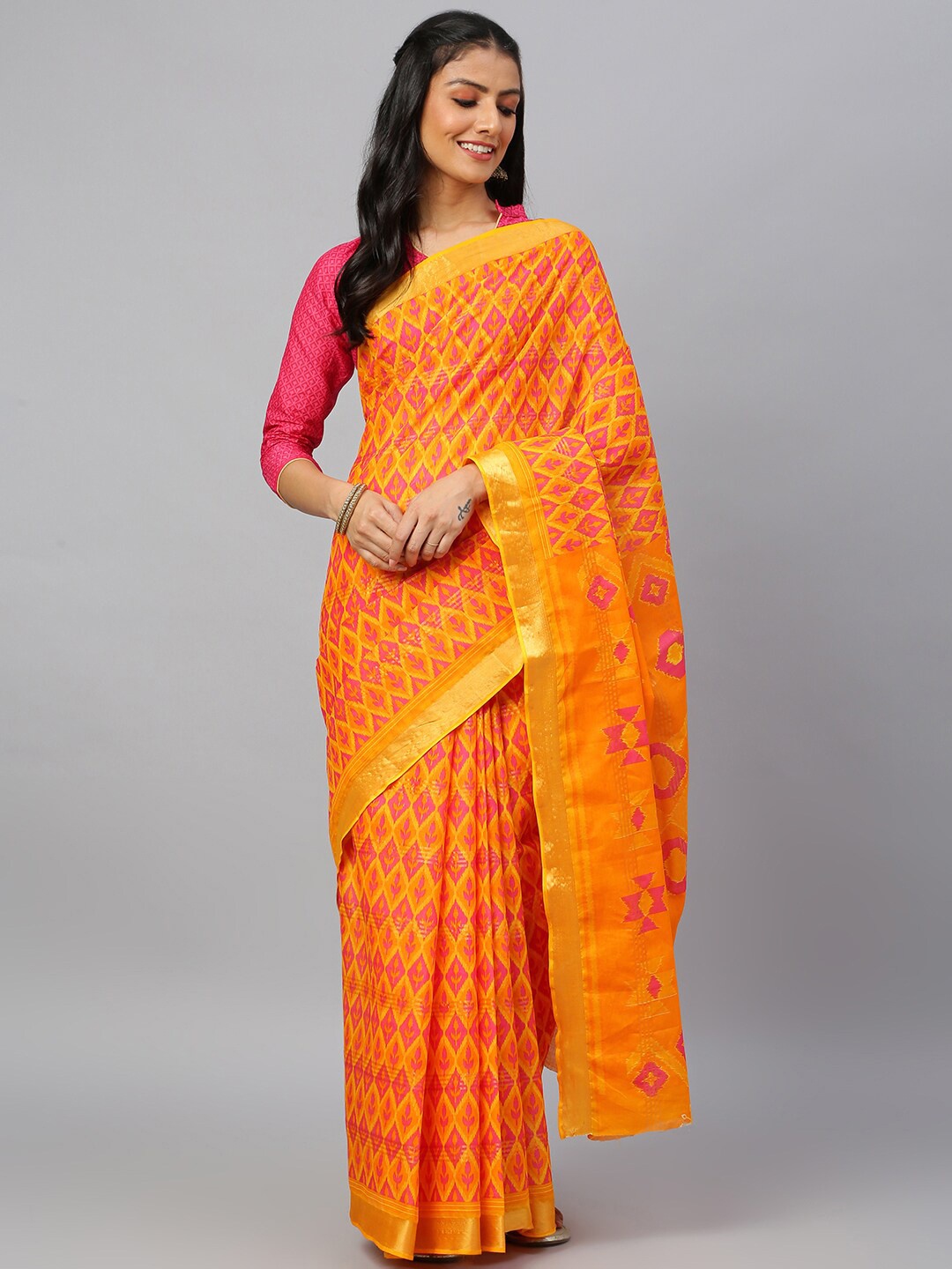 

RATAN Geometric Printed Pure Cotton Patola Saree, Yellow