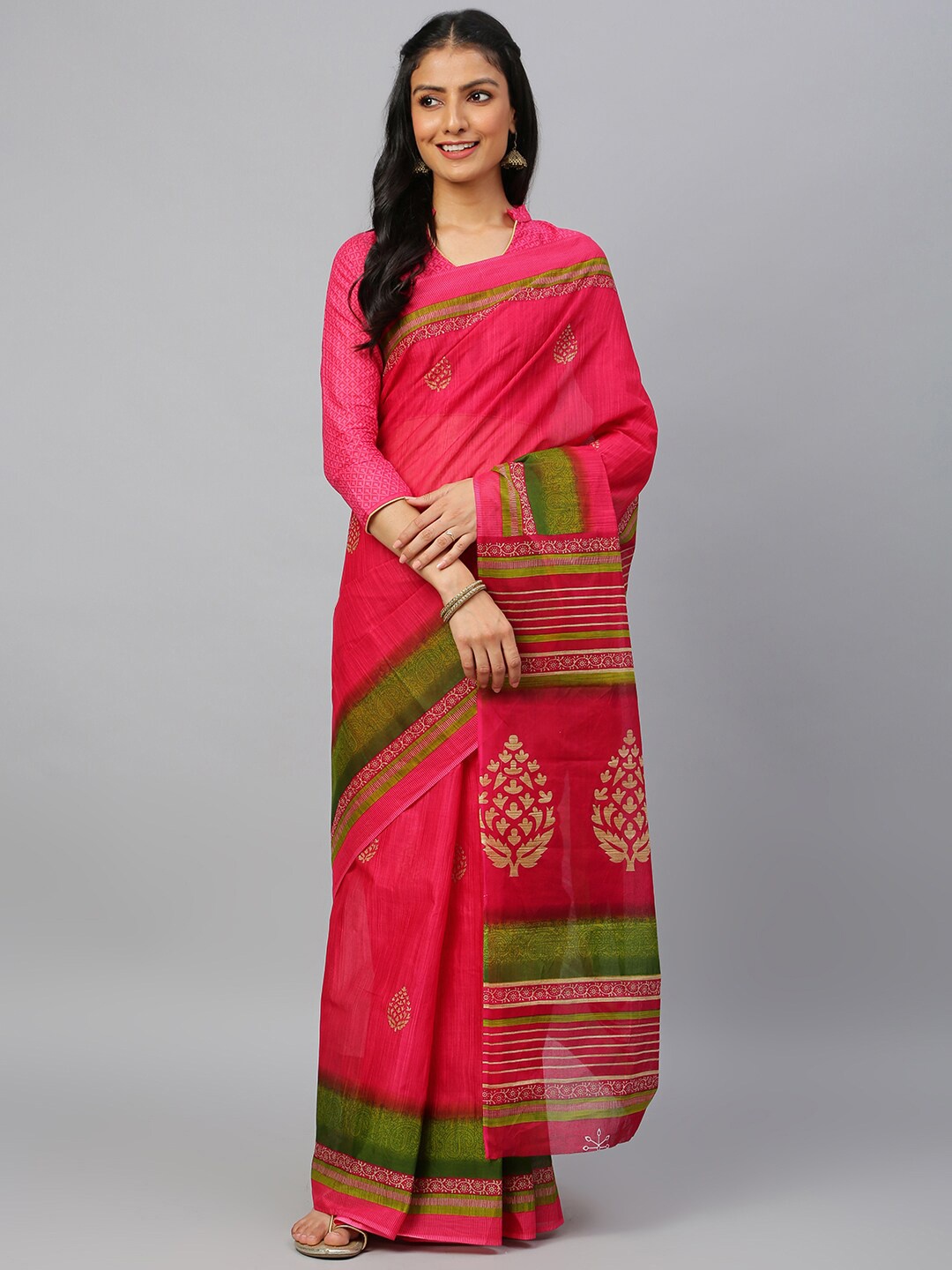 

RATAN Ethnic Motifs Printed Pure Cotton Saree, Pink