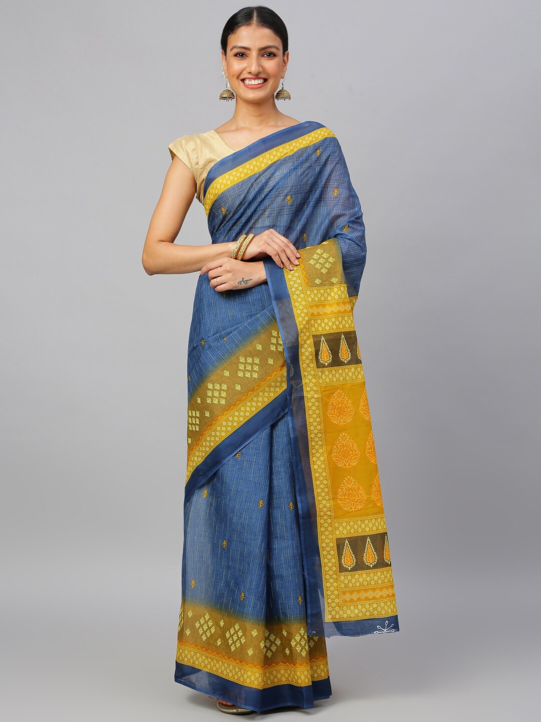 

RATAN Floral Printed Pure Cotton Saree, Navy blue