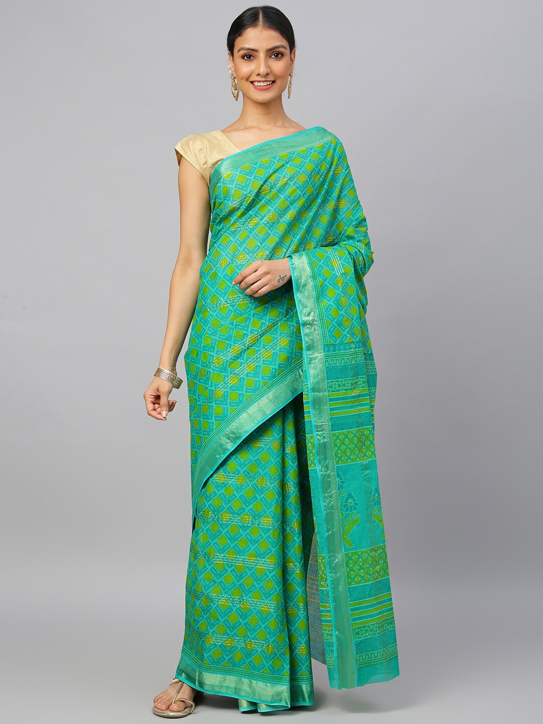 

RATAN Geometric Printed Pure Cotton Patola Saree, Green