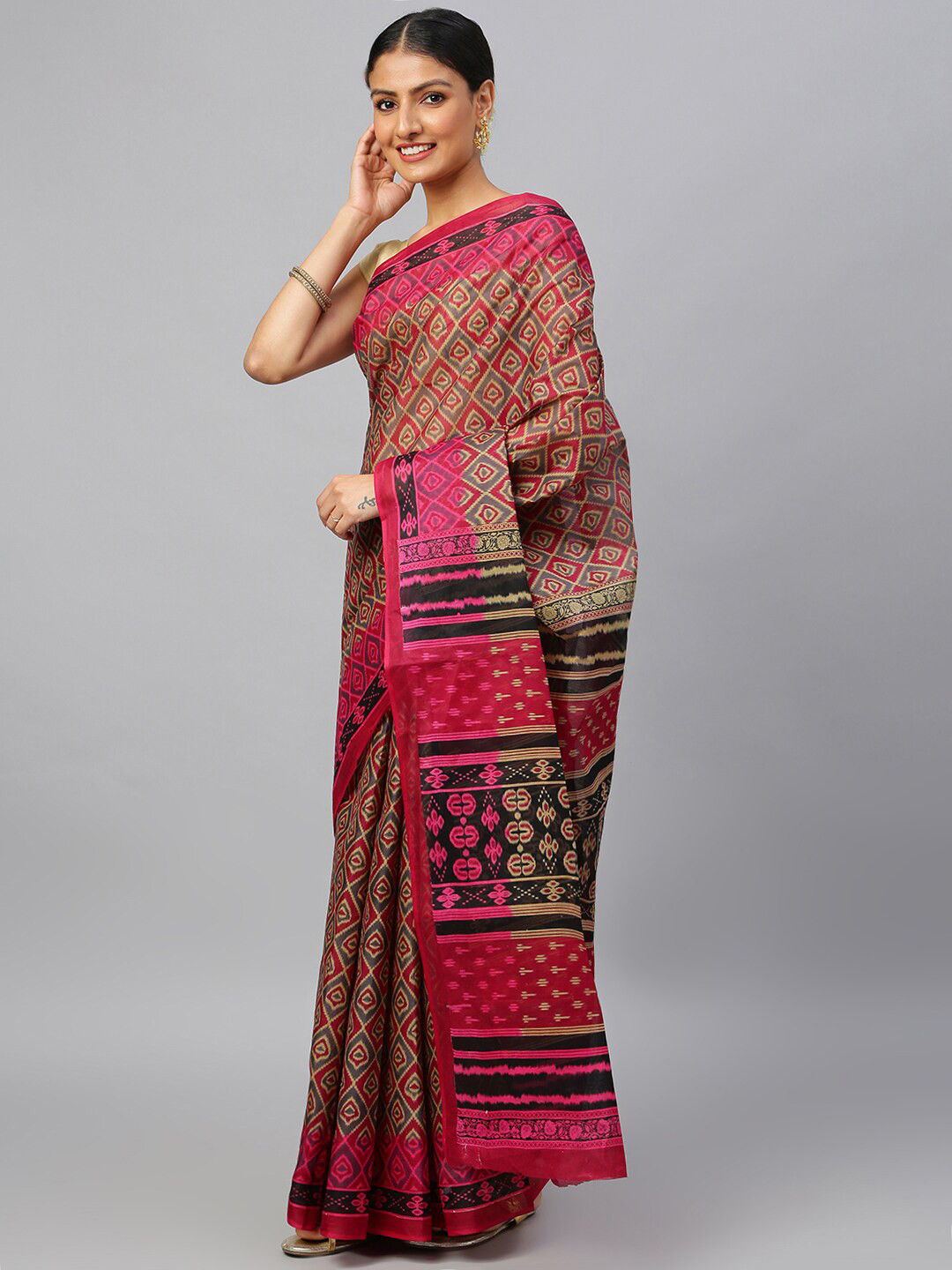 

RATAN Ethnic Motifs Pure Cotton Ikat Saree, Grey