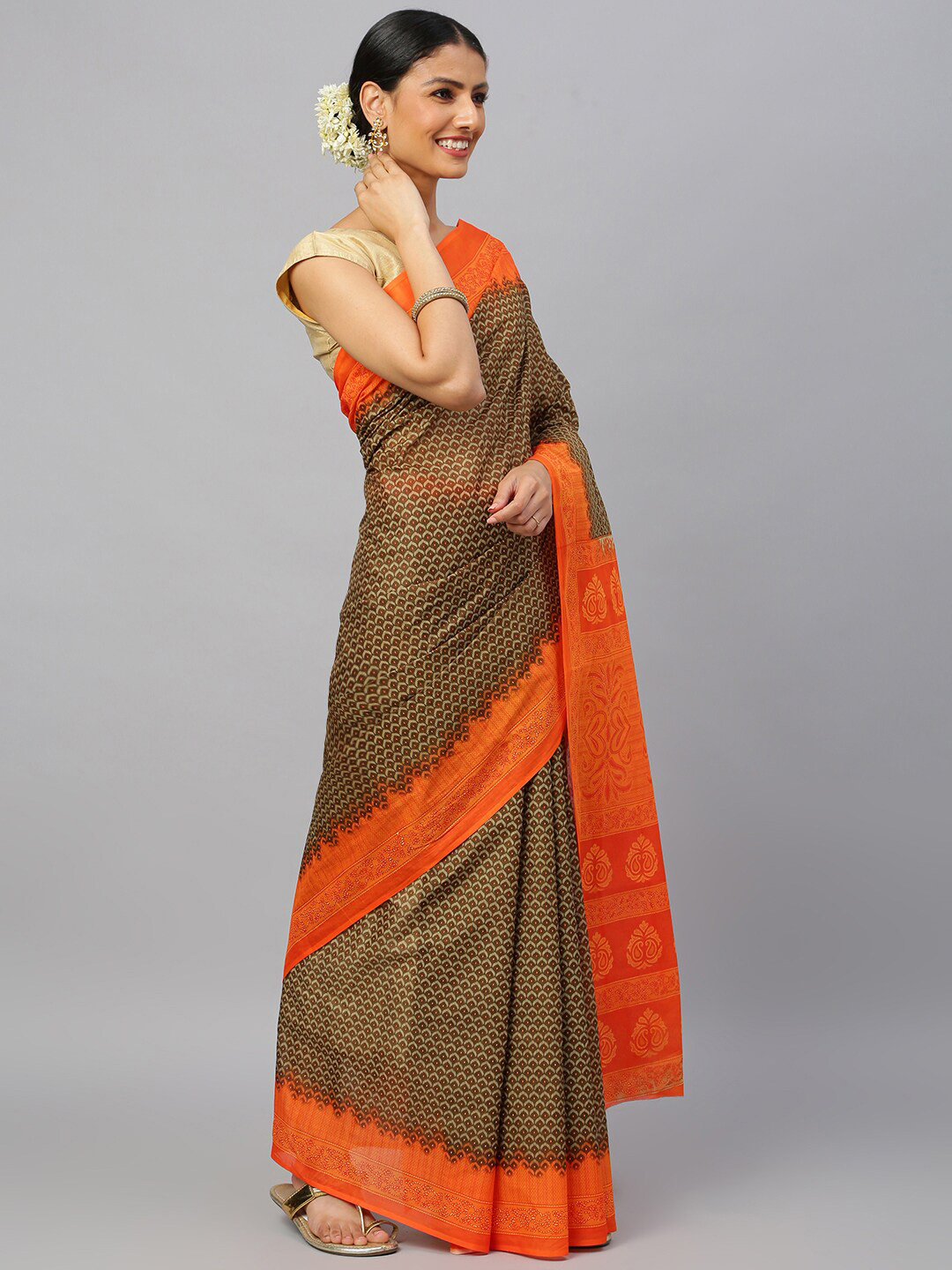 

RATAN Ethnic Printed Pure Cotton Saree, Coffee brown