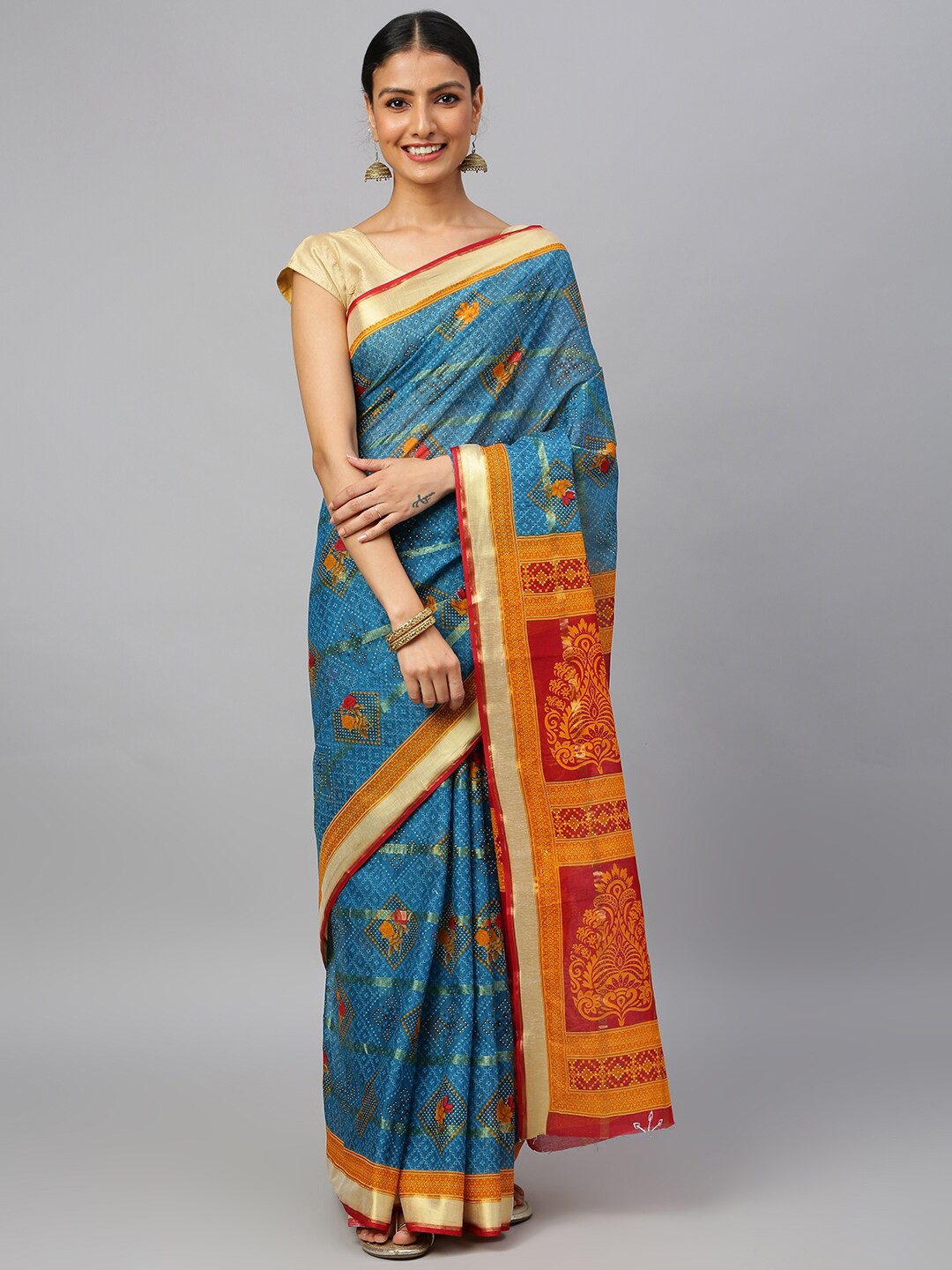 

RATAN Floral Printed Pure Cotton Patola Saree, Blue