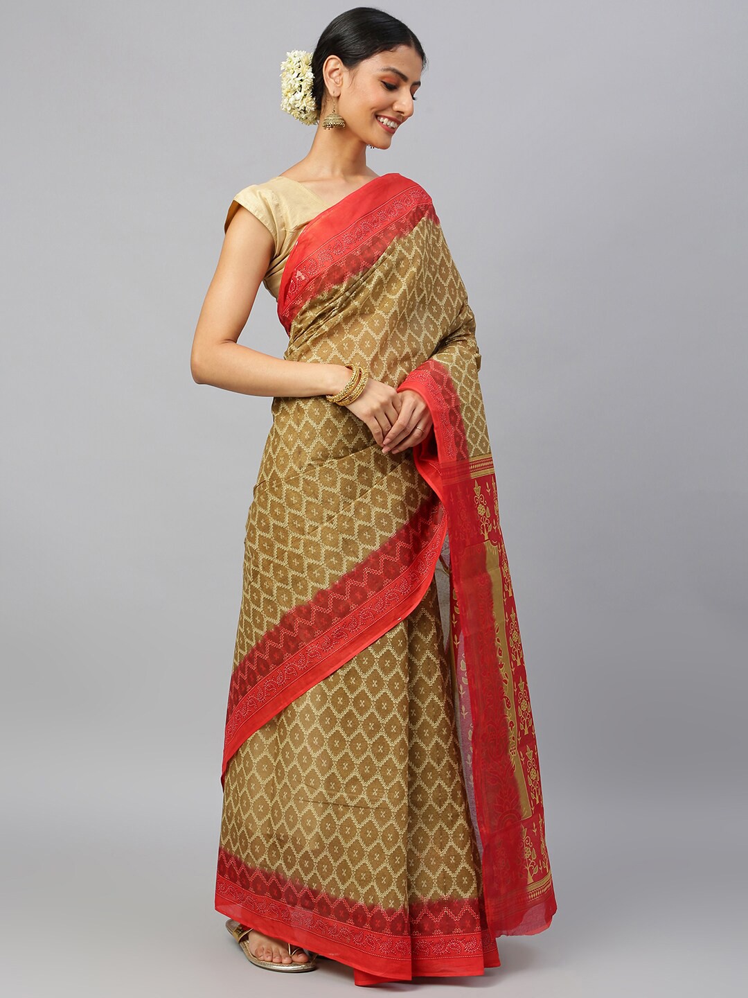 

RATAN Ethnic Motifs Pure Cotton Ikat Saree, Khaki