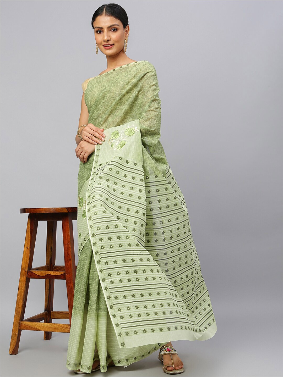 

RATAN Floral Printed Embroidery Pure Cotton Saree, Green
