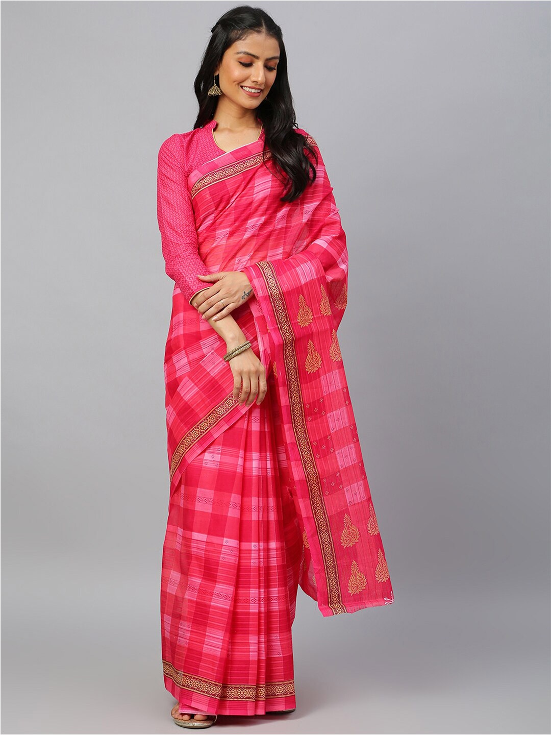 

RATAN Malgudi Checks Pure Cotton Sambalpuri Saree, Pink