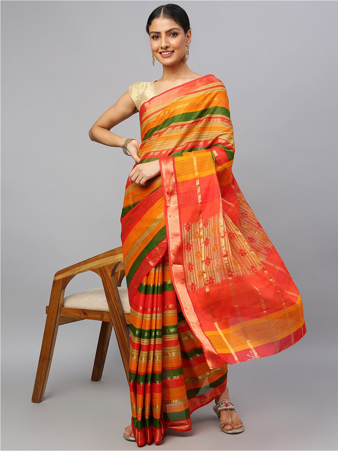 

RATAN Ethnic Printed Zari Detail Pure Cotton Saree, Orange