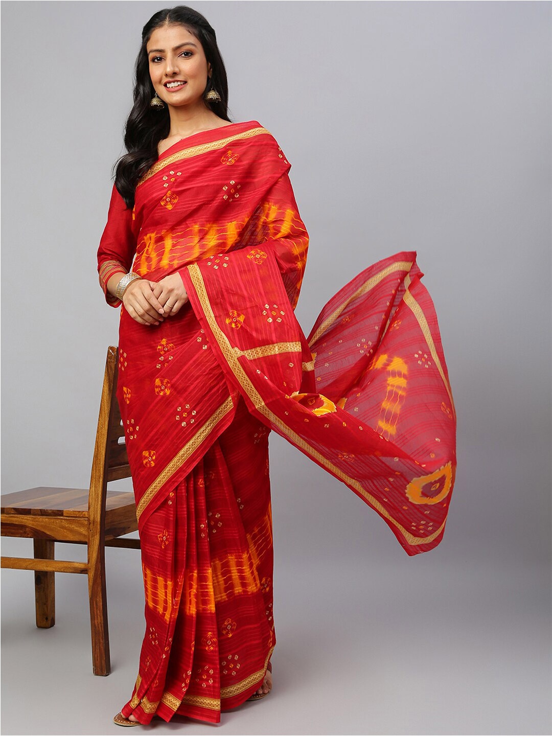 

RATAN Bandhani Pure Cotton Saree, Red