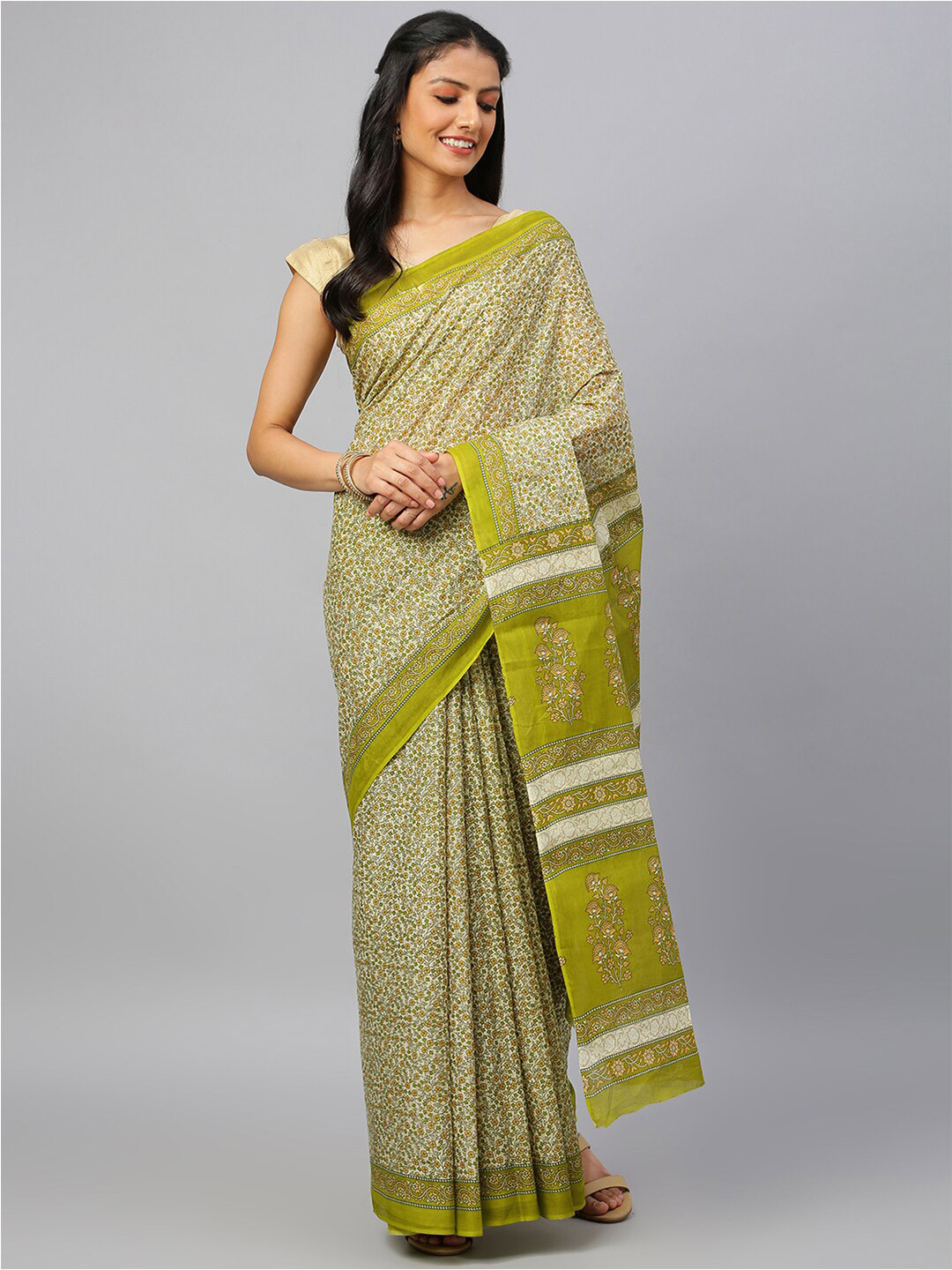 

RATAN Floral Pure Cotton Saree, Green
