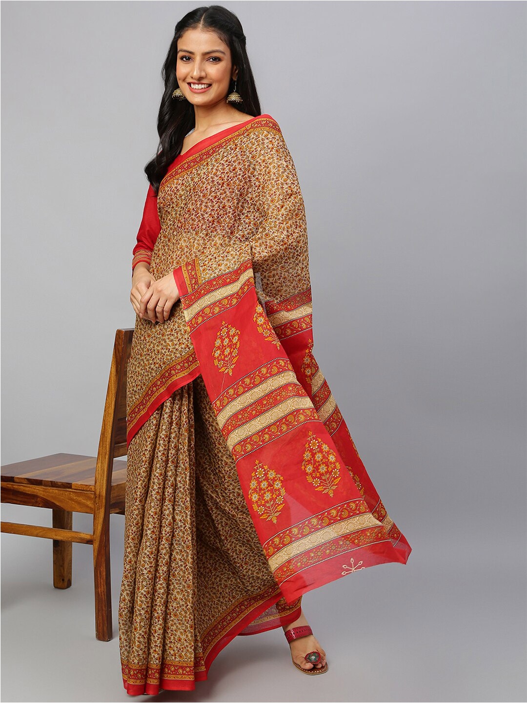 

RATAN Floral Pure Cotton Saree, Brown