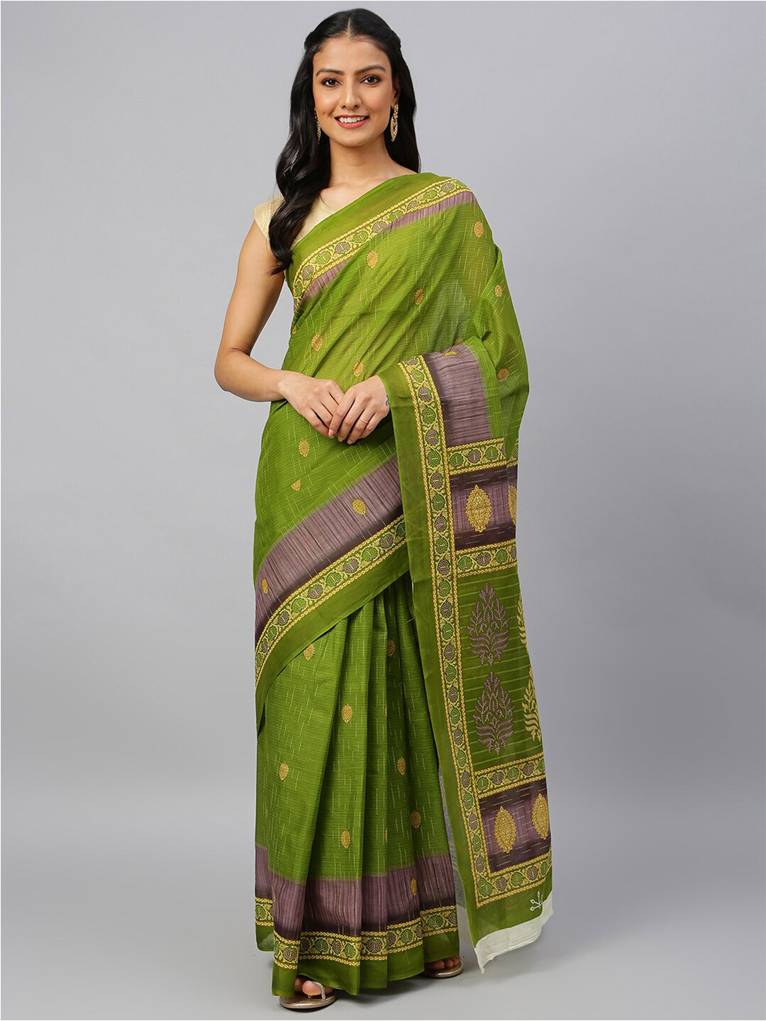 

RATAN Ethnic Motifs Printed Pure Cotton Saree, Green