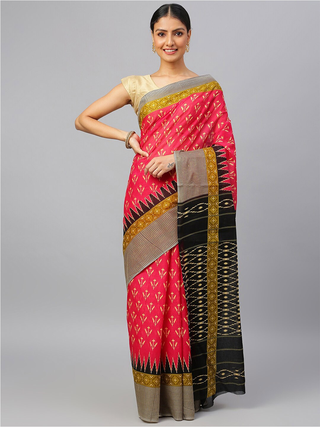 

RATAN Ethnic Motifs Printed Pure Cotton Ikat Saree, Pink