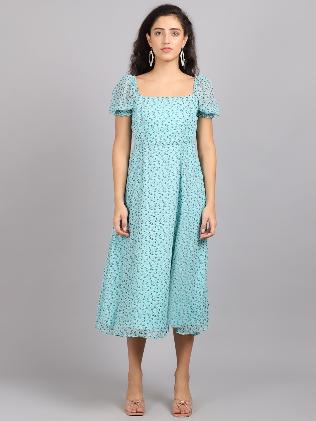 

MARC LOUIS Square Neck Puff Sleeves A-Line Georgette Midi Dress, Sea green