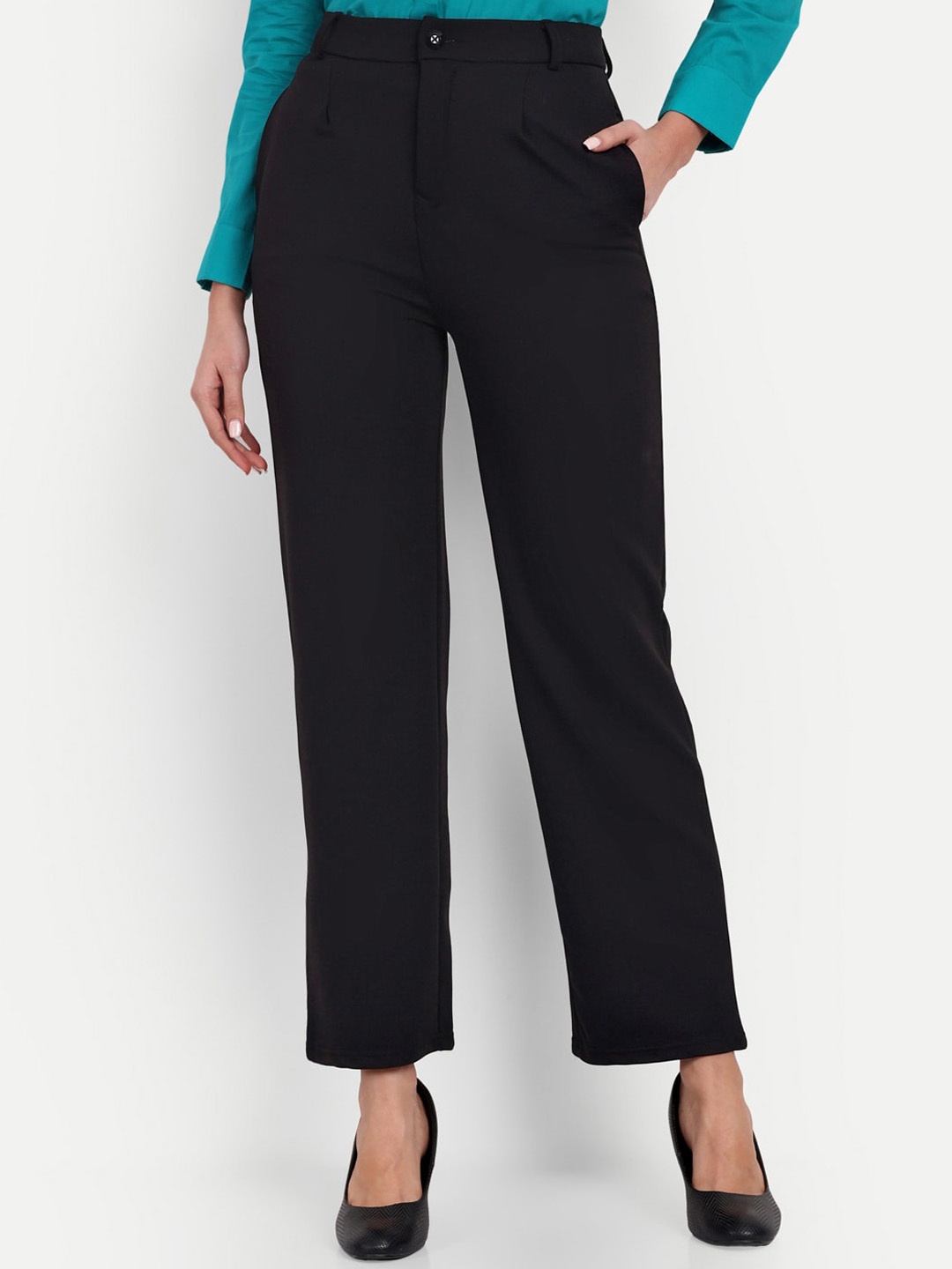 

Next One Women Classic Straight Fit High-Rise Easy Wash Formal Trousers, Black