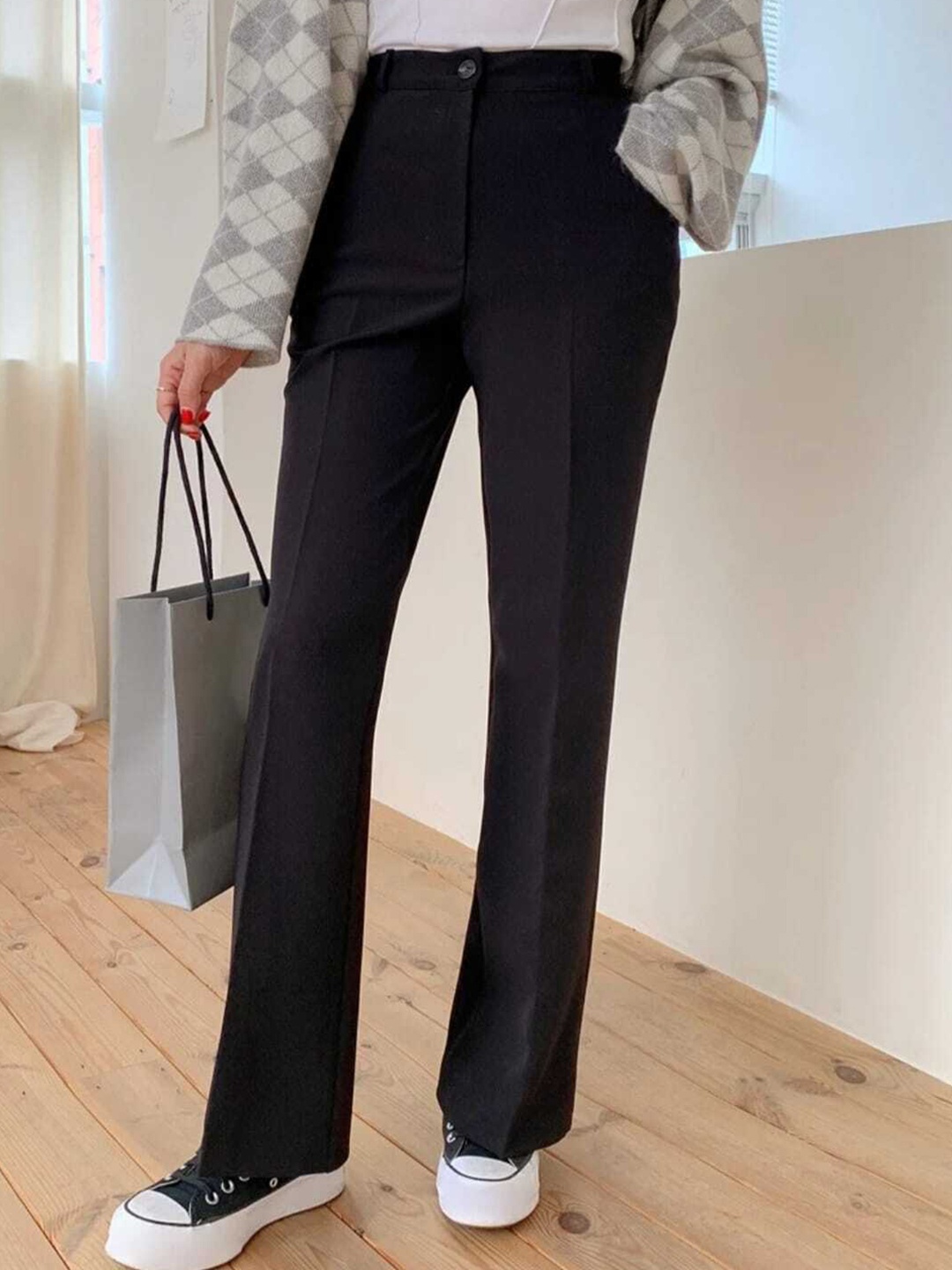

Next One Women Classic Loose Fit Bootcut High-Rise Easy Wash Trousers, Black