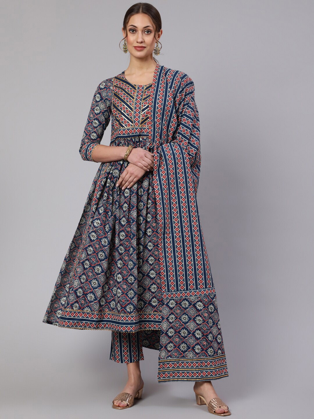 

GLAM ROOTS Ethnic Printed Gotta Patti Pure Cotton Anarkali Kurta With Trousers & Dupatta, Blue