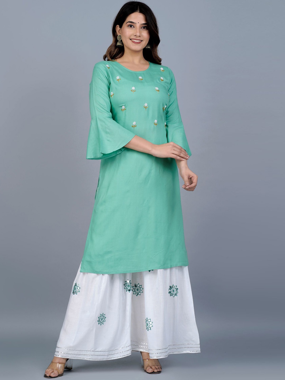 

FABISTA Bell Sleeves Embroidered Mirror Work Kurta With Sharara, Green