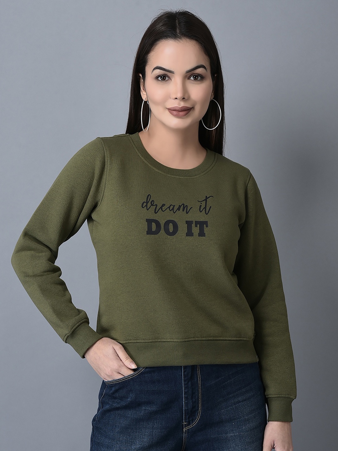 

CANOE Round Neck Typographic Printed Cotton Pullover Sweatshirt, Olive