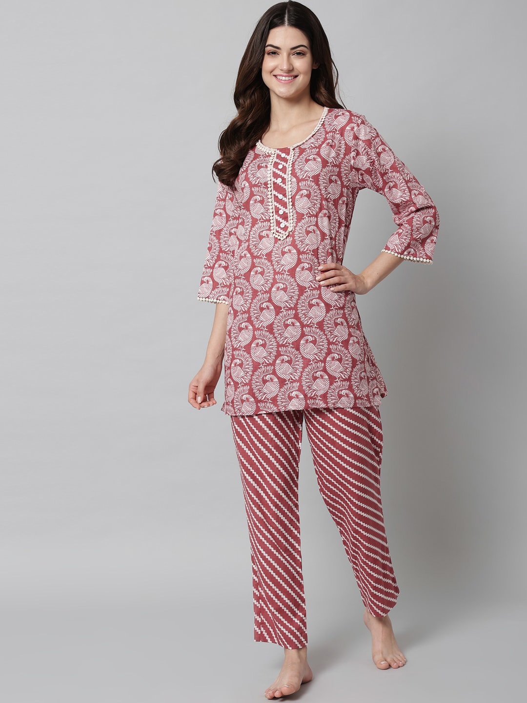 

SEPHANI Ethnic Motifs Printed Pure Cotton Night Suit, Fuchsia