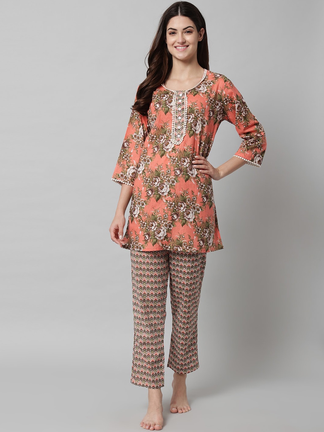 

SEPHANI Floral Printed Pure Cotton Night Suit, Peach