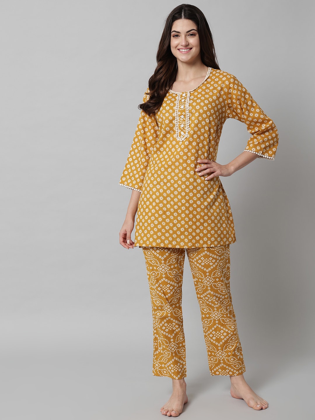 

SEPHANI Ethnic Motifs Printed Pure Cotton Night Suit, Mustard