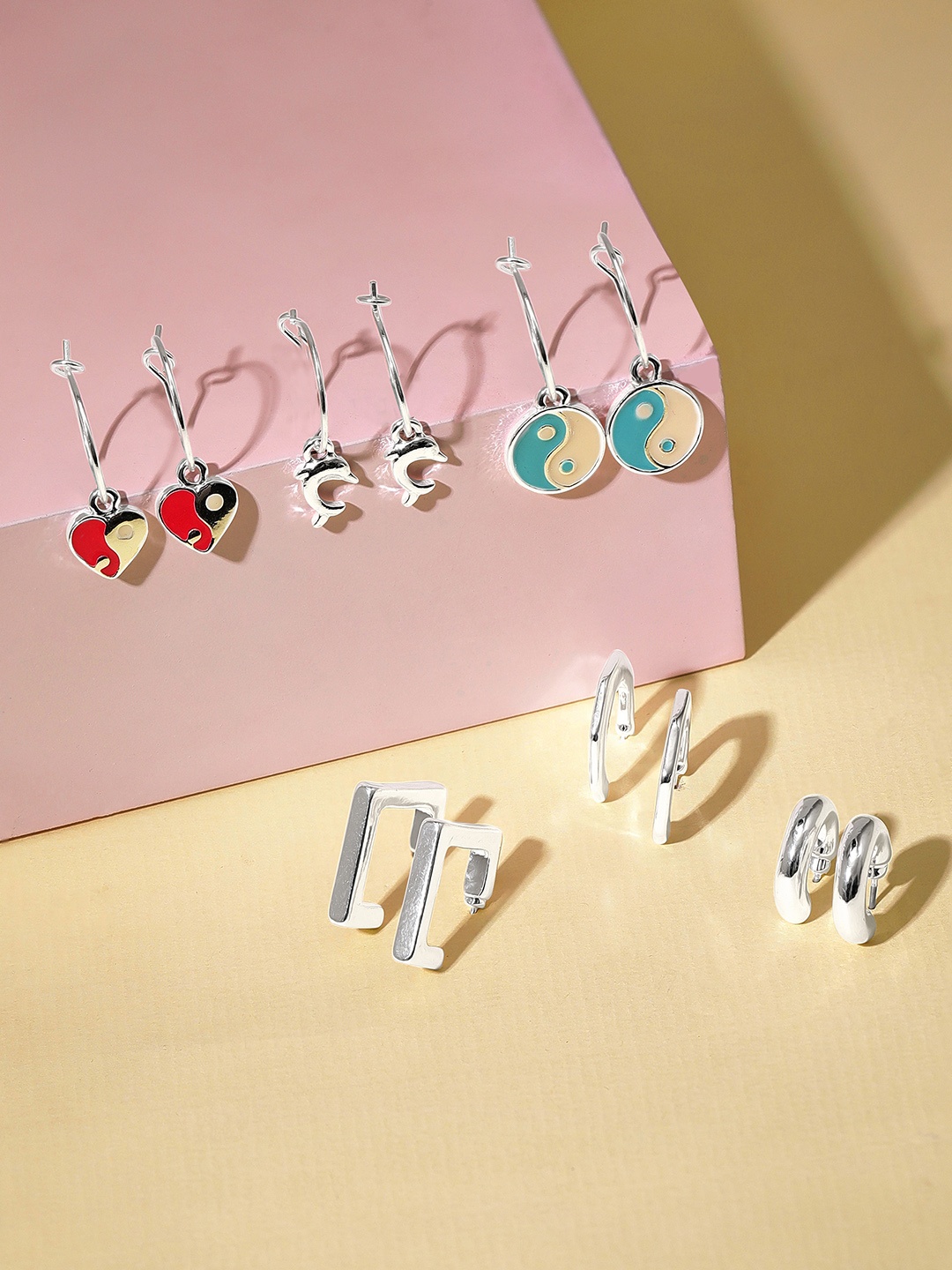 

Rubans Voguish Set Of 6 Rhodium -Plated Classic Drop Earrings, Silver