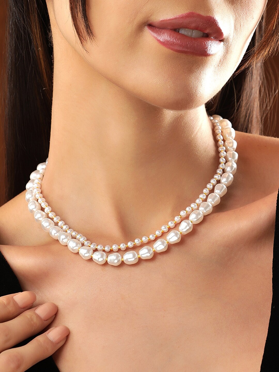 

Rubans Voguish Beaded Double Layered Necklace, White