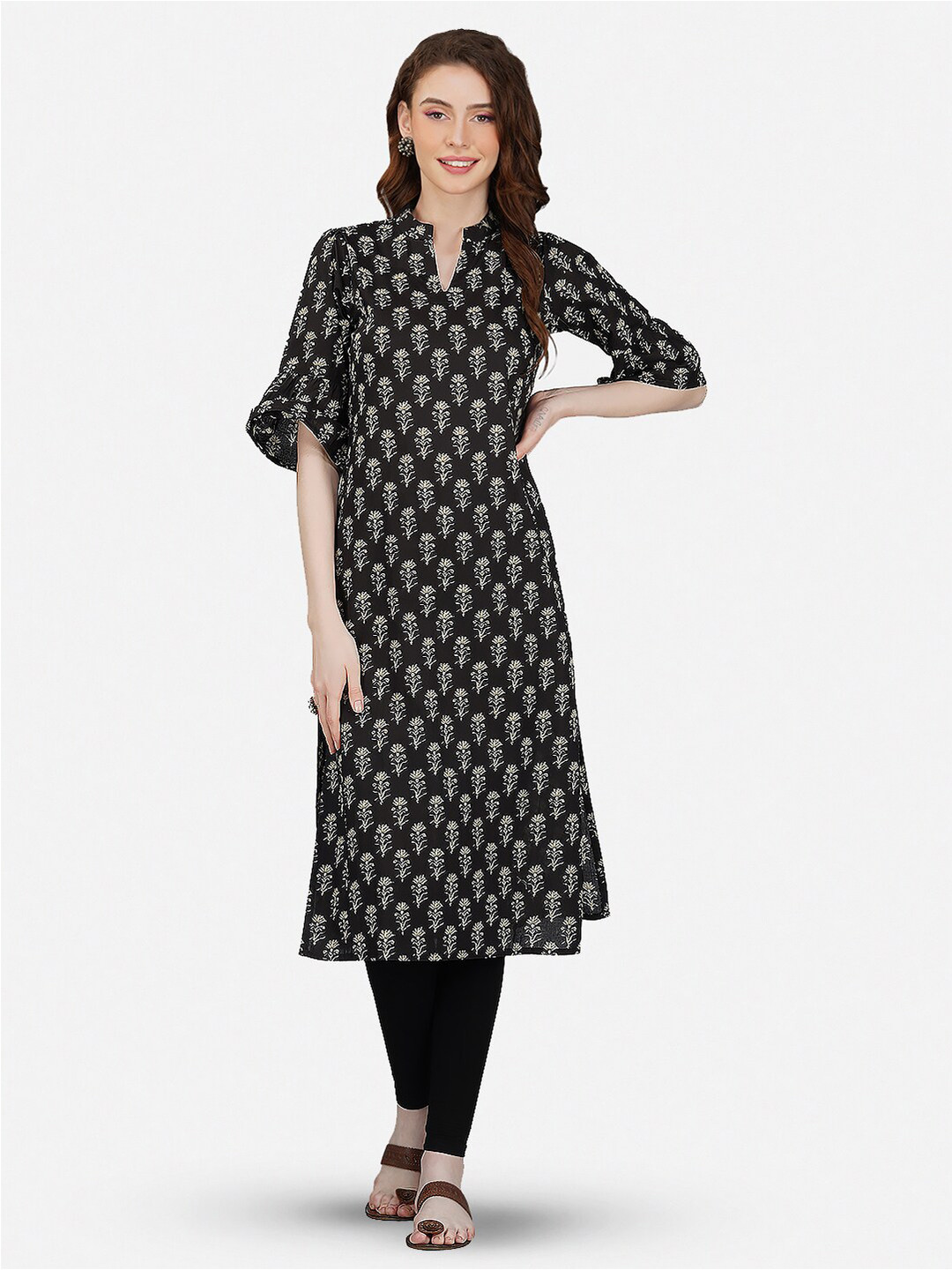 

GULAB CHAND TRENDS Ethnic Motifs Printed Bell Sleeves Pure Cotton Dress, Black