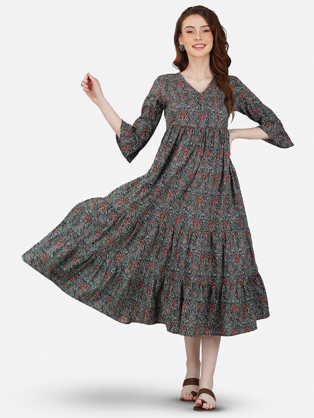 

GULAB CHAND TRENDS Floral Printed V Neck Cotton A-Line Midi Dress, Green