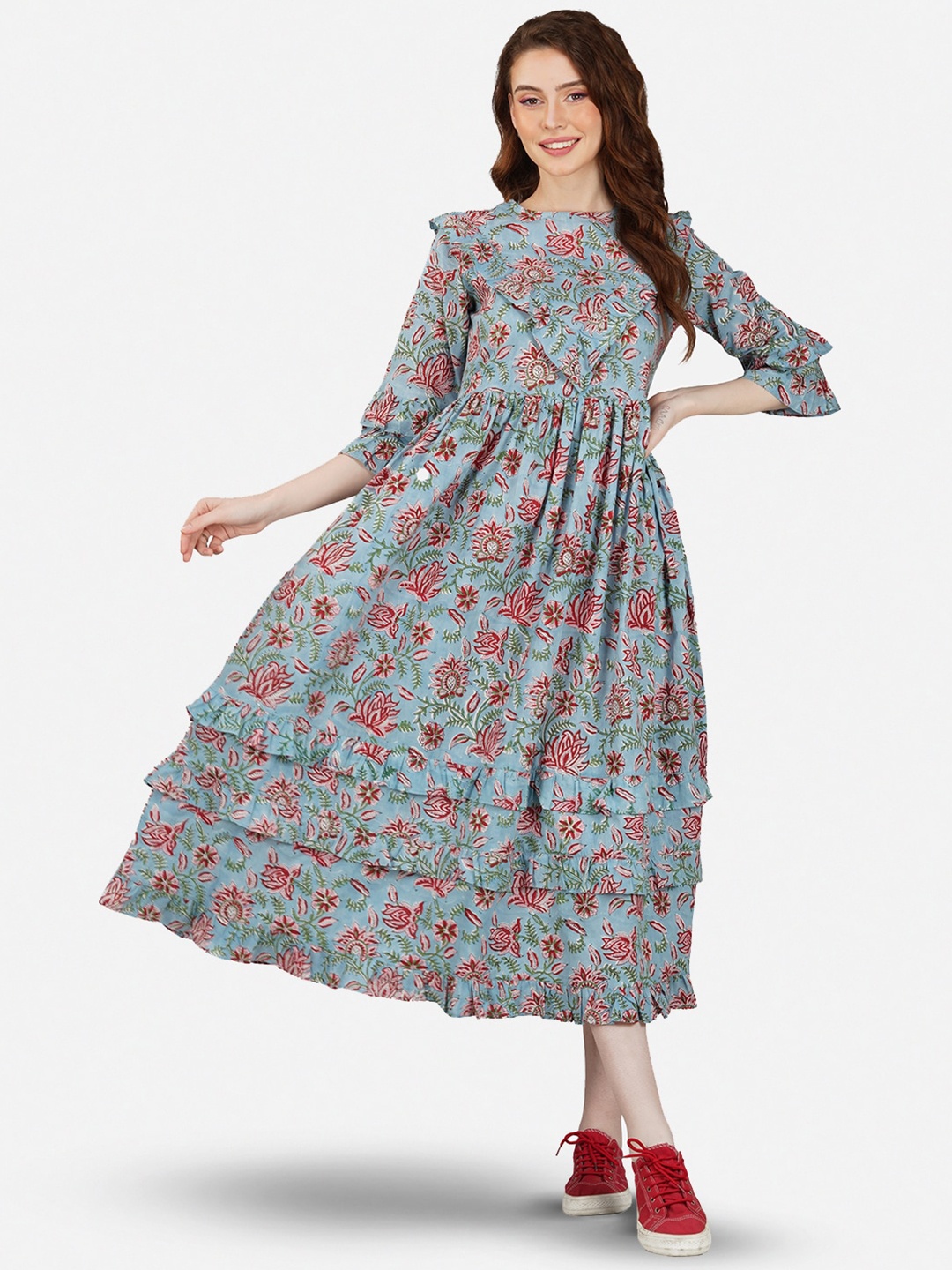 GULAB CHAND TRENDS Floral Printed Ruffled Cotton Fit & Flare Midi Dress, Blue