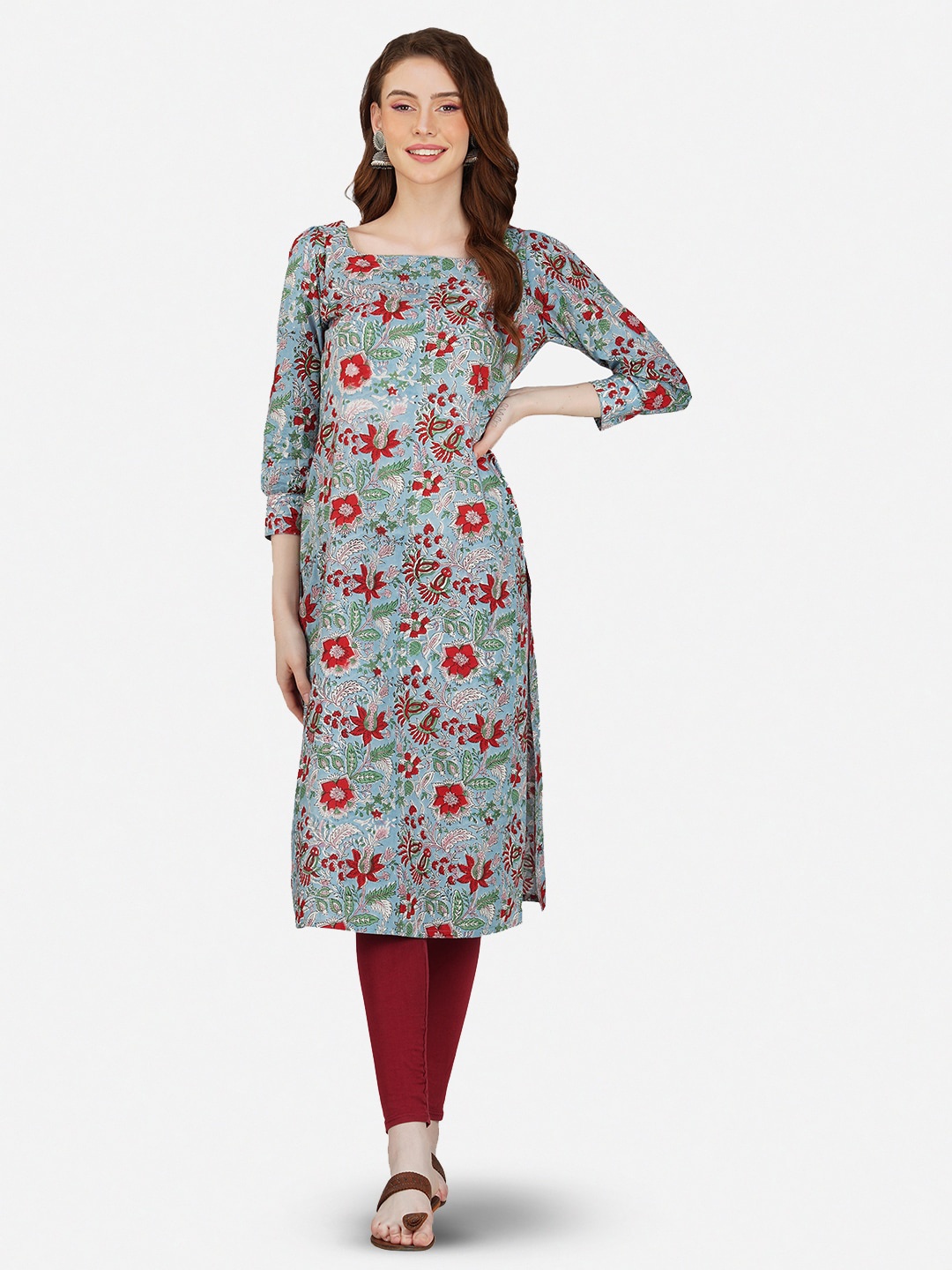 

GULAB CHAND TRENDS Floral Printed Square Neck Pure Cotton Dress, Blue
